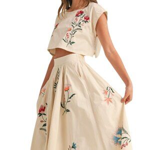 Women Floral Embroidery Dress 2 Piece Tank Top and Skirt Loose Fit Boho